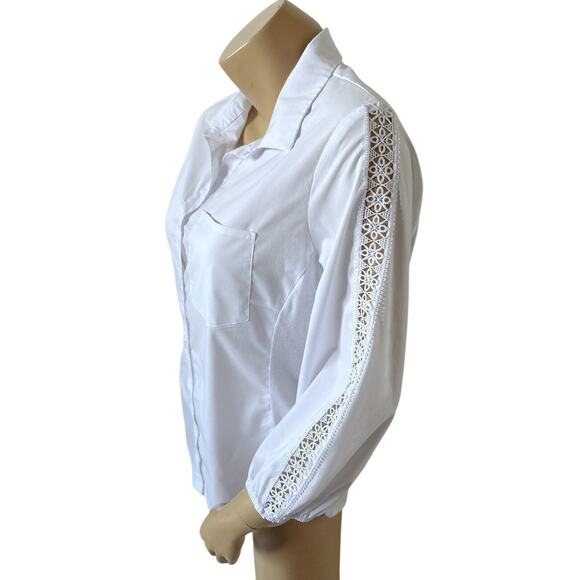 Zac & Rachel Womens Large White Button Up Shirt Crochet Sleeve Collared Blouse - Picture 6 of 9